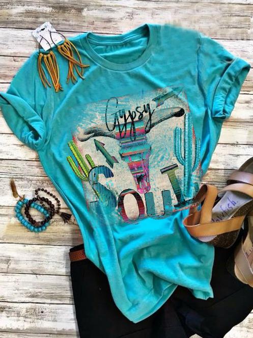 Blue Casual Short Sleeve Printed Shirts & Tops