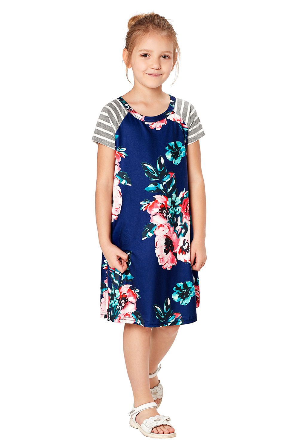 Blue Stripes Short Sleeve Floral Little Girl Dress