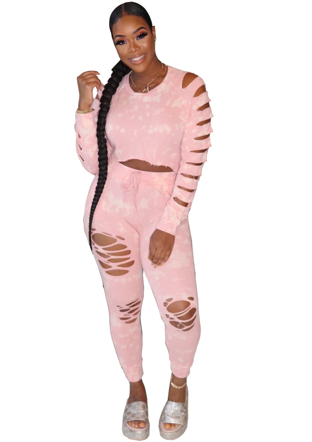 Tie Dye Two Piece Matching Ripped Pants Set