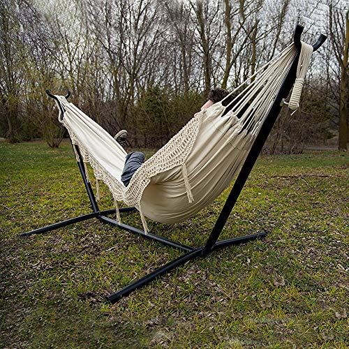 Vivere Double Hammock with Space Saving Steel Stand, Natural (450 lb Capacity – Premium Carry Bag Included)
