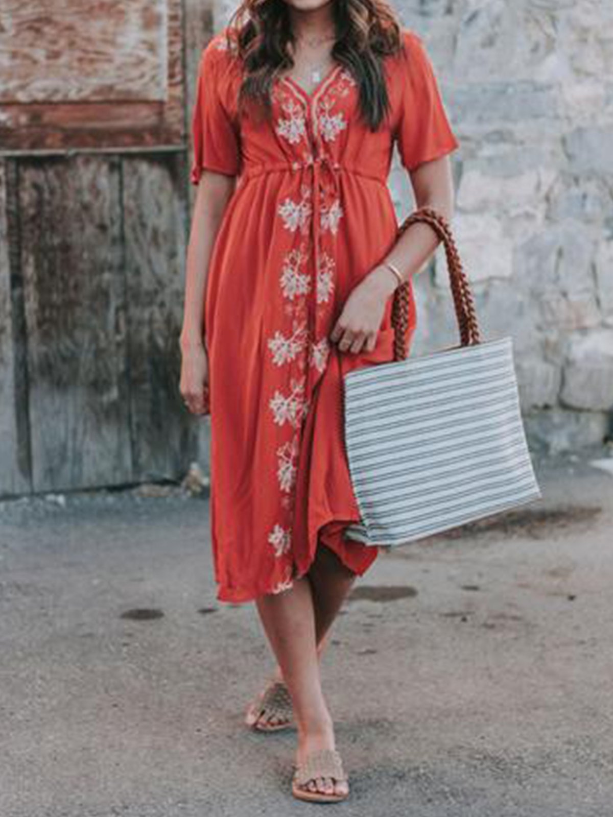 Half Sleeve V Neck A-Line Dresses