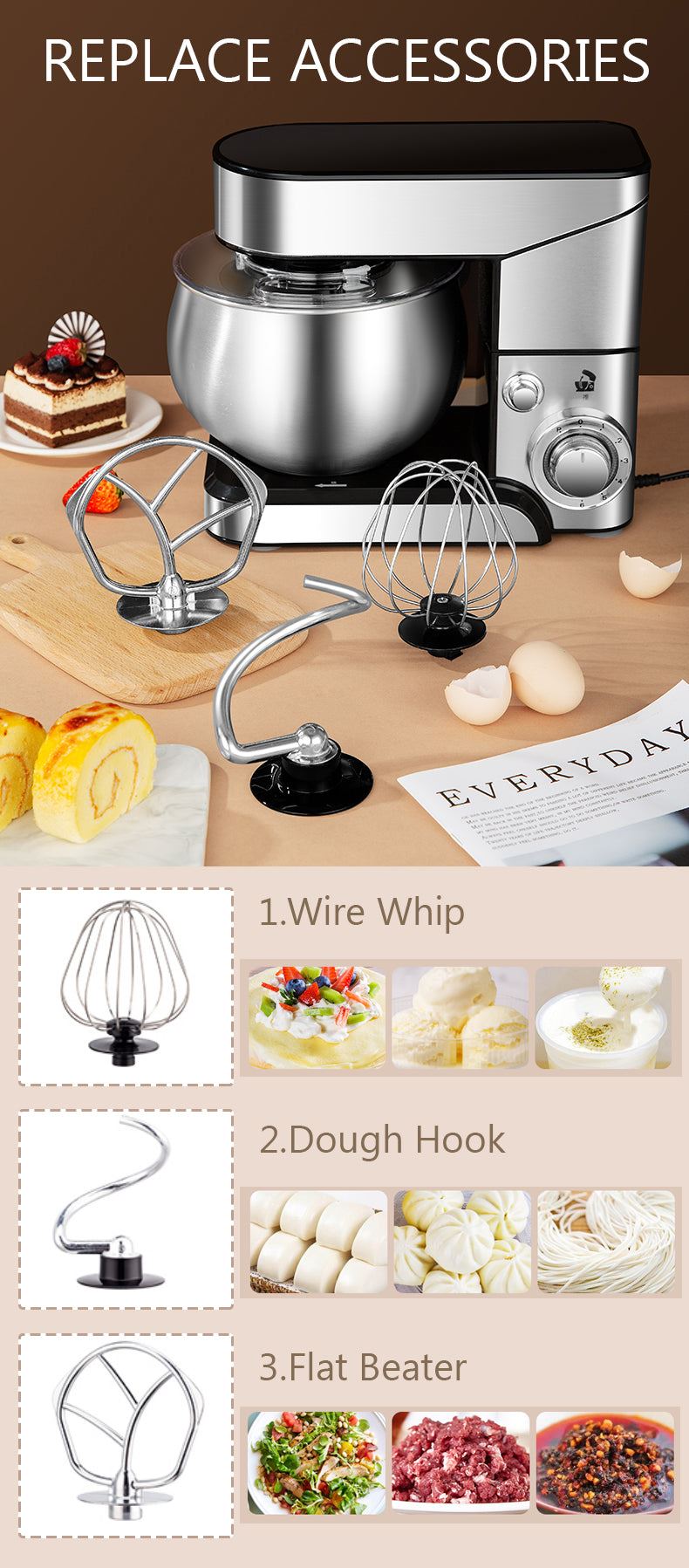 Electric Stand Food Mixer Stainless Steel Chef Machine 5L Bowl Cream Blender Knead Dough