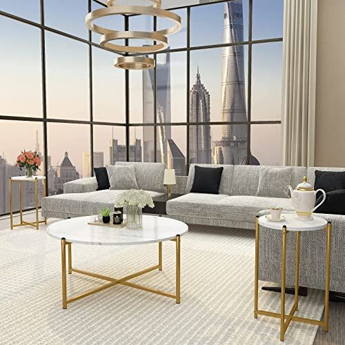 Faux Marble Coffee Table Set of 3, 1 Coffee Table & 2 Sofa Table for Living Room