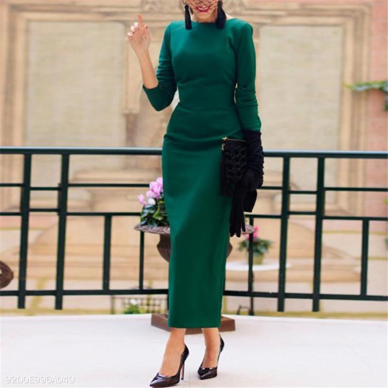 Elegant Fashion Noble Slim Plain Back-Button Long Sleeve Evening Dress