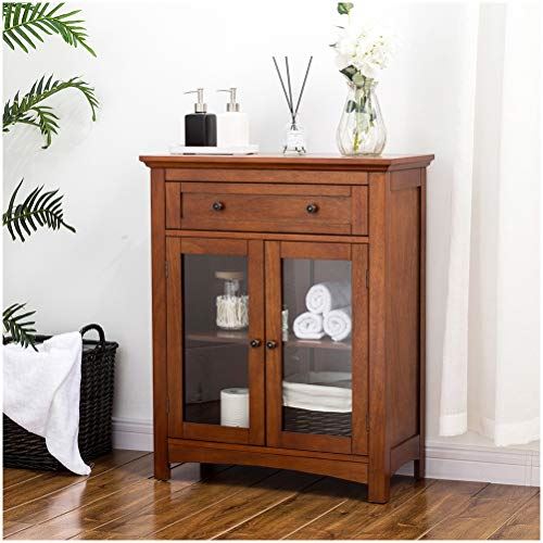 Glitzhome 32 Inch Wooden Storage Cabinet w/ Glass Double Doors & Drawers