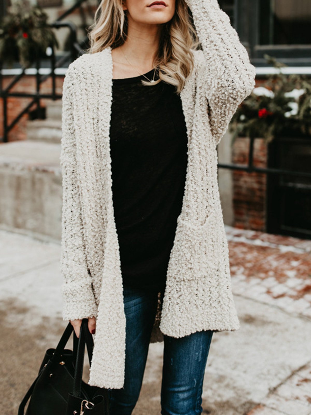 Acrylic Solid Long Sleeve Pockets Cardigans