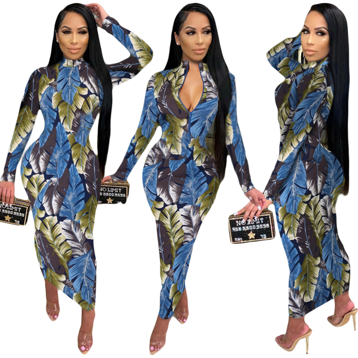 Autumn Party Leafs Print Zipper Midi Dress