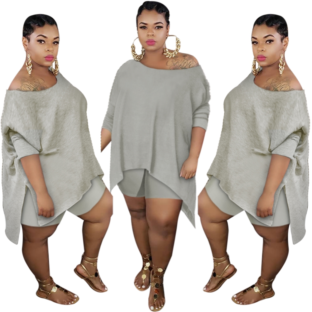 Plus Size Solid Color Two Piece Shorts Set