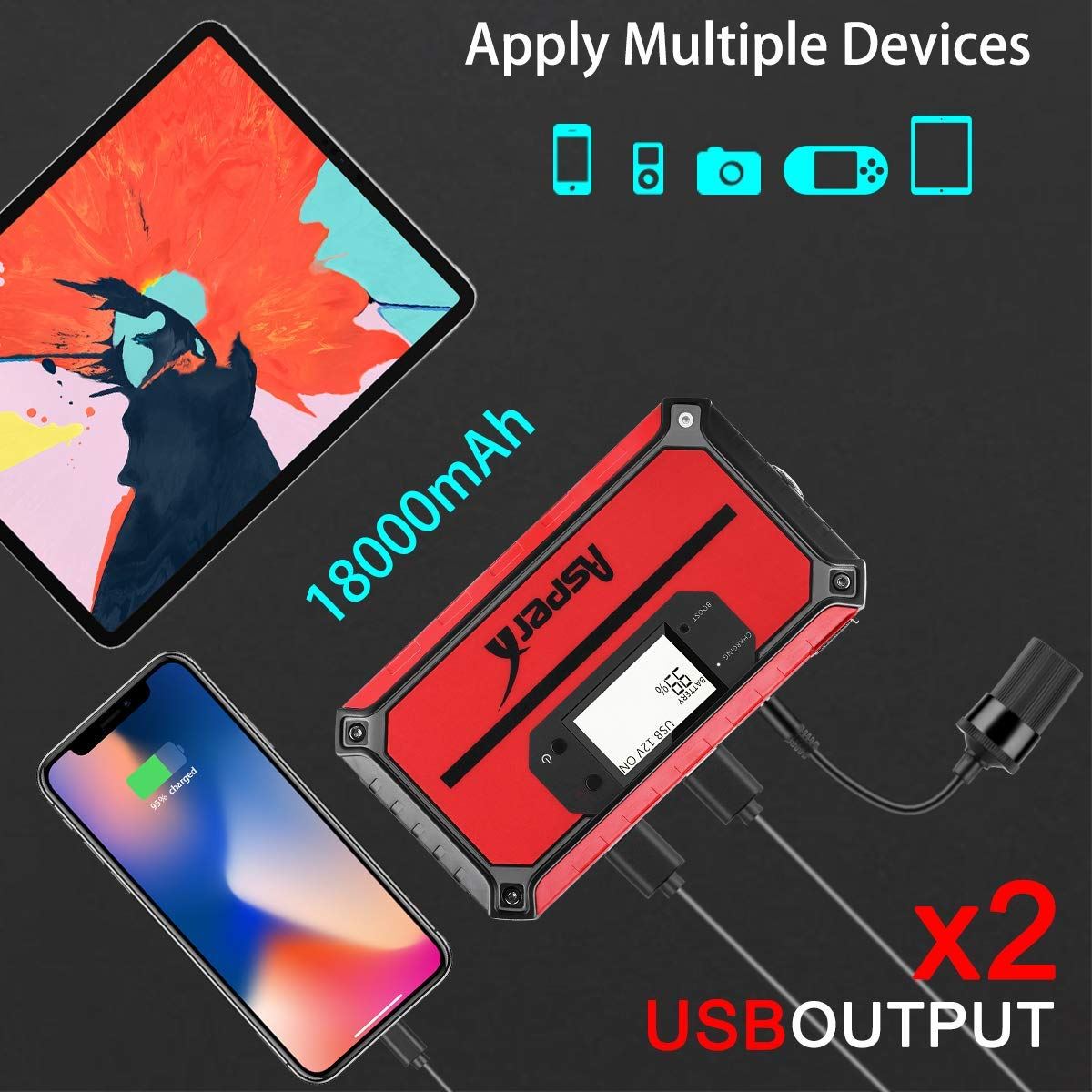 AsperX Jump Starter Car Booster Battery Starter Emergency Charging Device