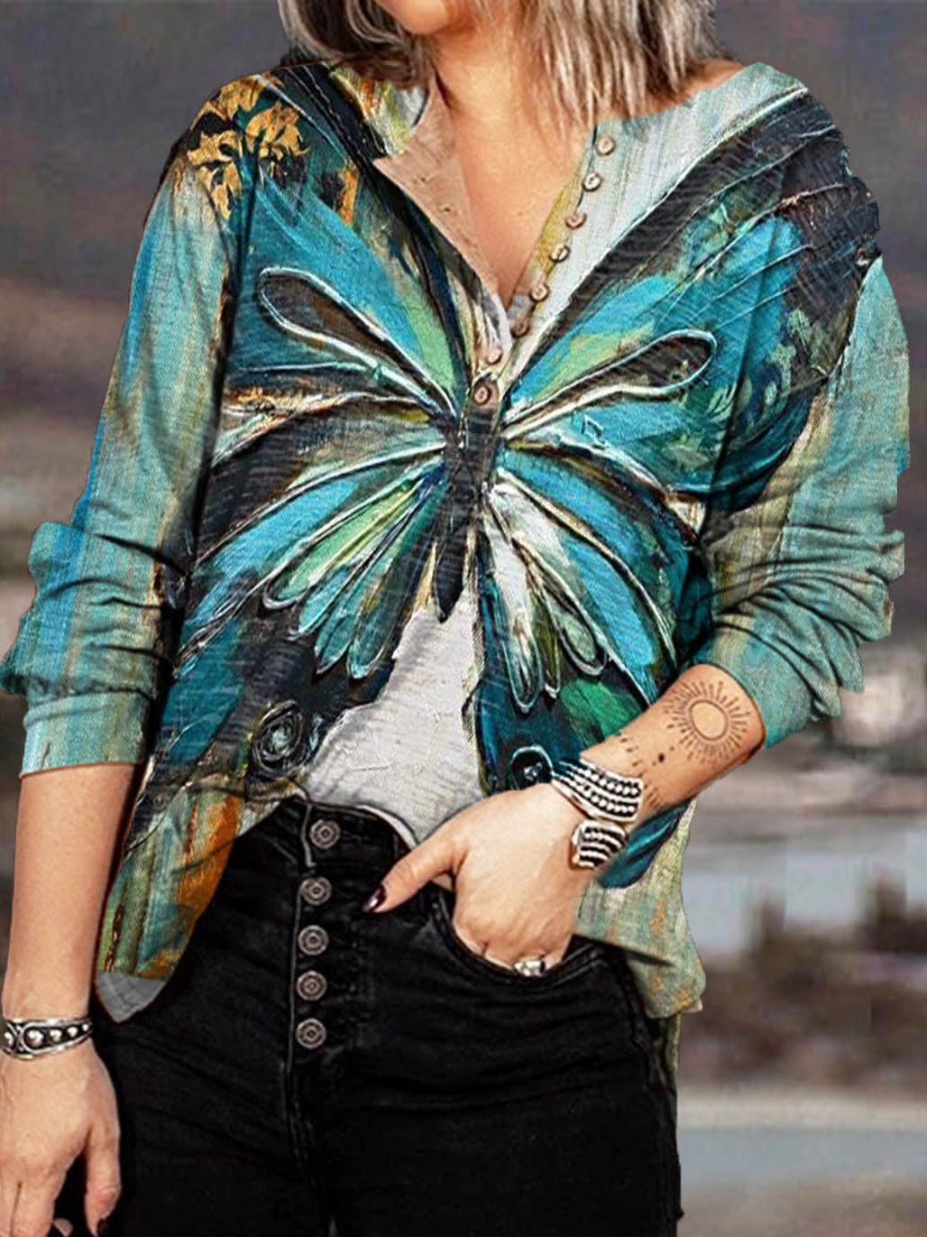 Cotton-Blend Long Sleeve Casual Floral Shirts & Tops