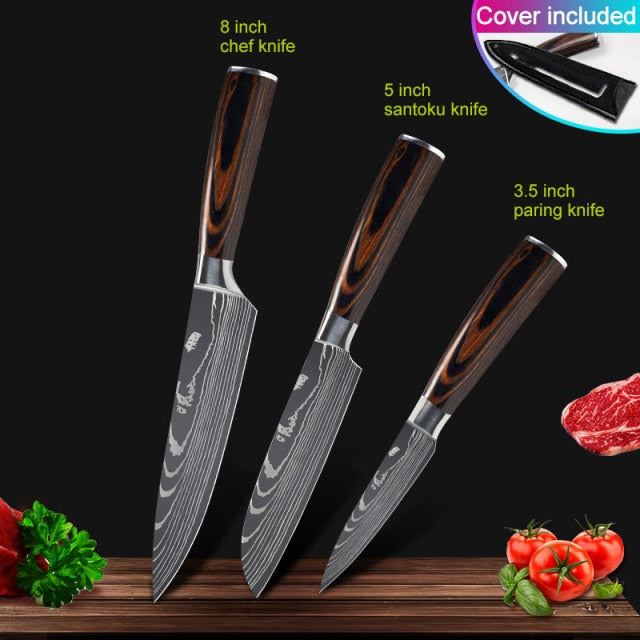 Kitchen knives Set Professional Chef Knives Stainless Steel Imitation Damascus Pattern Santoku Cleaver Slicing Utility Knives