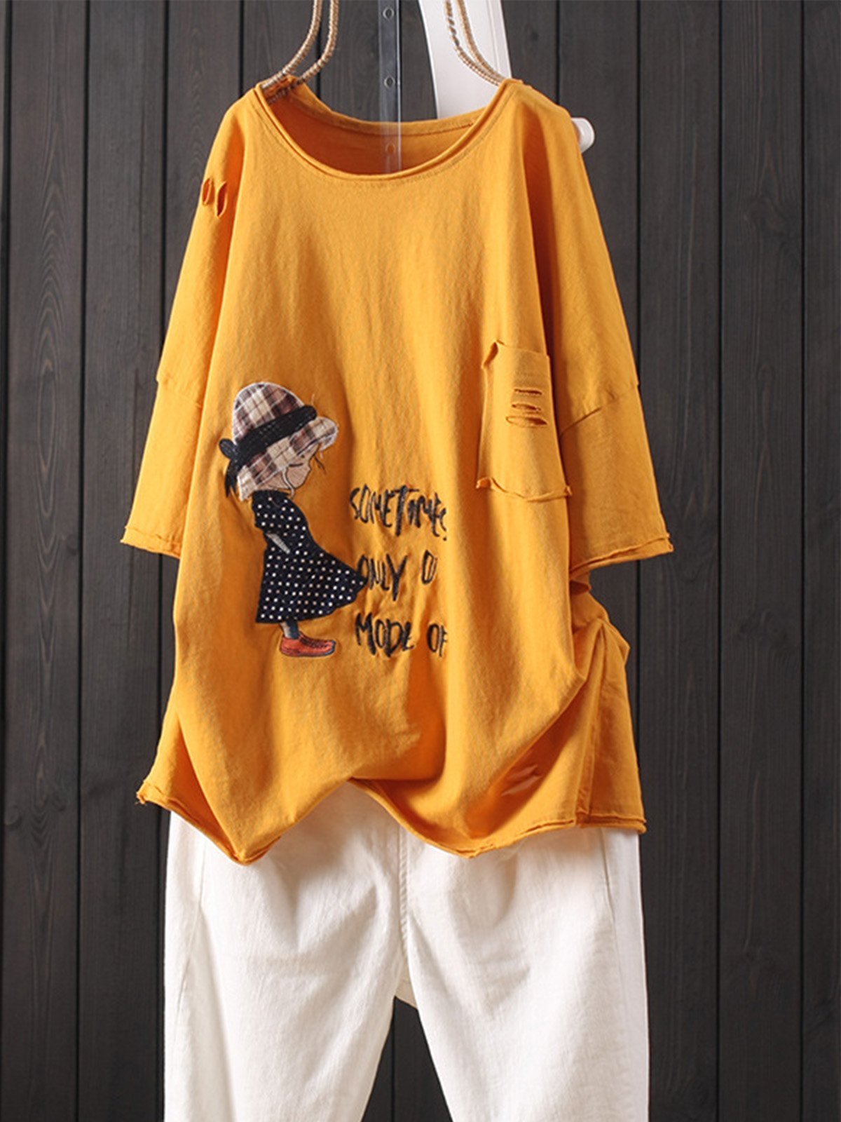 Cotton-Blend Round Neck Printed Shirts & Tops