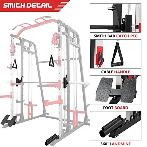 Mikolo Smith Machine, Multi-Functional Power Cage with LAT Pulldown System, Weight Cage Squat Rack with Weight Bar