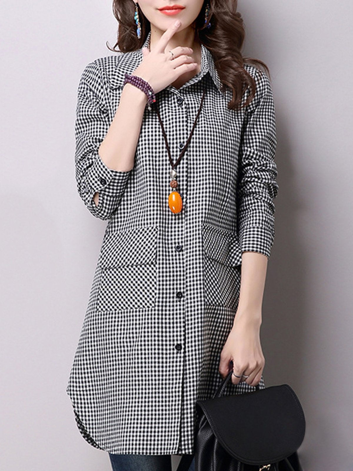Black A-line Pockets Long Sleeve Checkered/Plaid Tunic Top