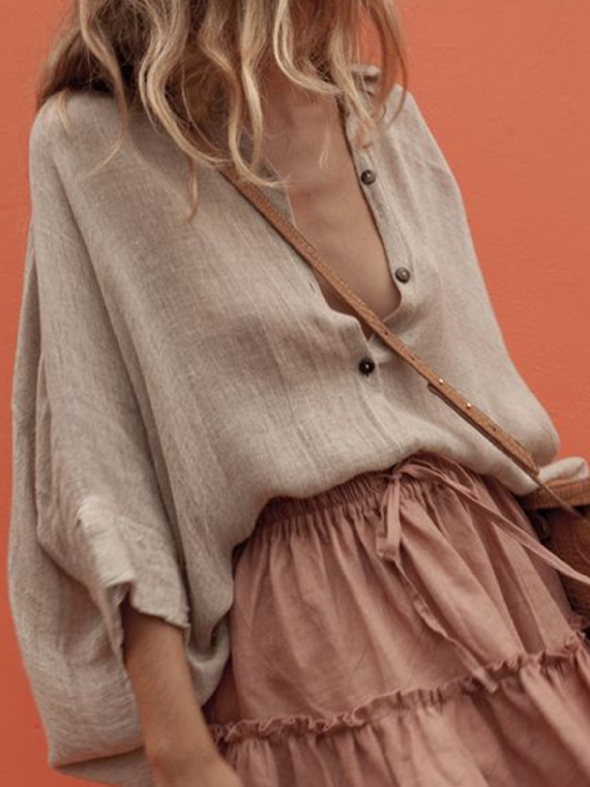 Khaki V Neck Plain 3/4 Sleeve Shift Shirts & Tops