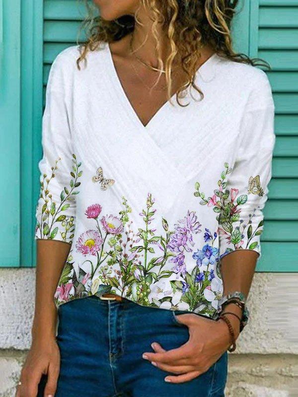 Casual Cotton-Blend Floral-Print Long Sleeve Shirts & Tops