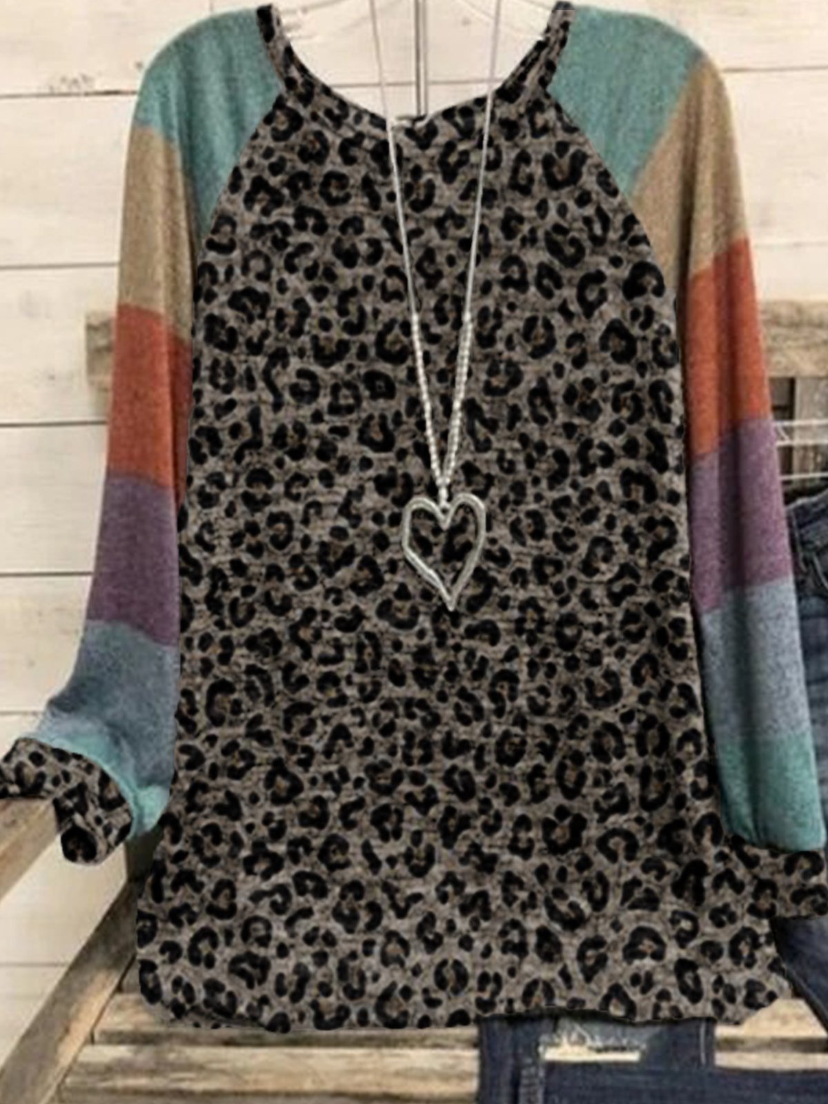 Leopard Casual Round Neck Geometric Cotton-Blend Shirts & Tops