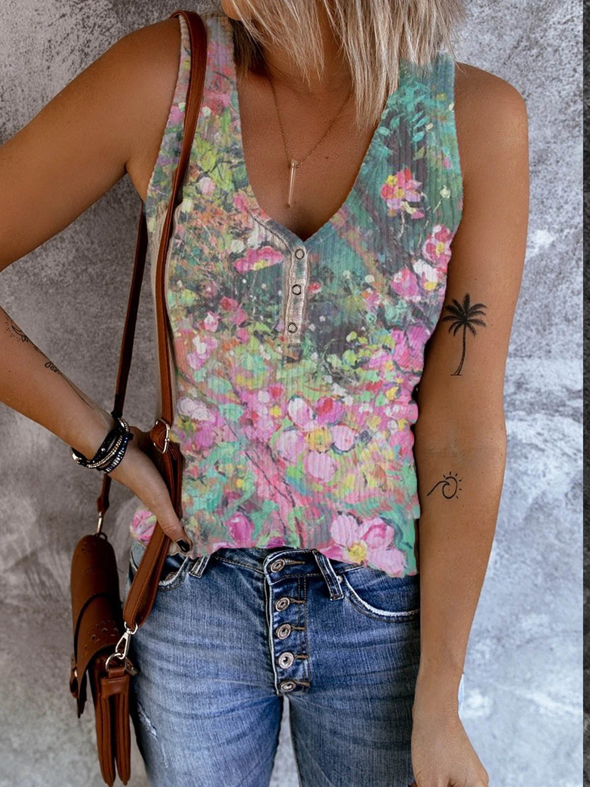 Crew Neck Sleeveless Cotton-Blend Floral Shirts & Tops