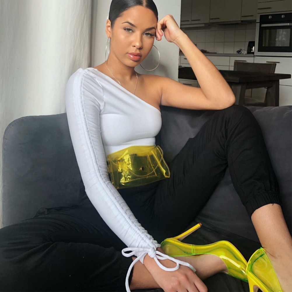 Solid Color One Shulder Sexy Top with Sleeves