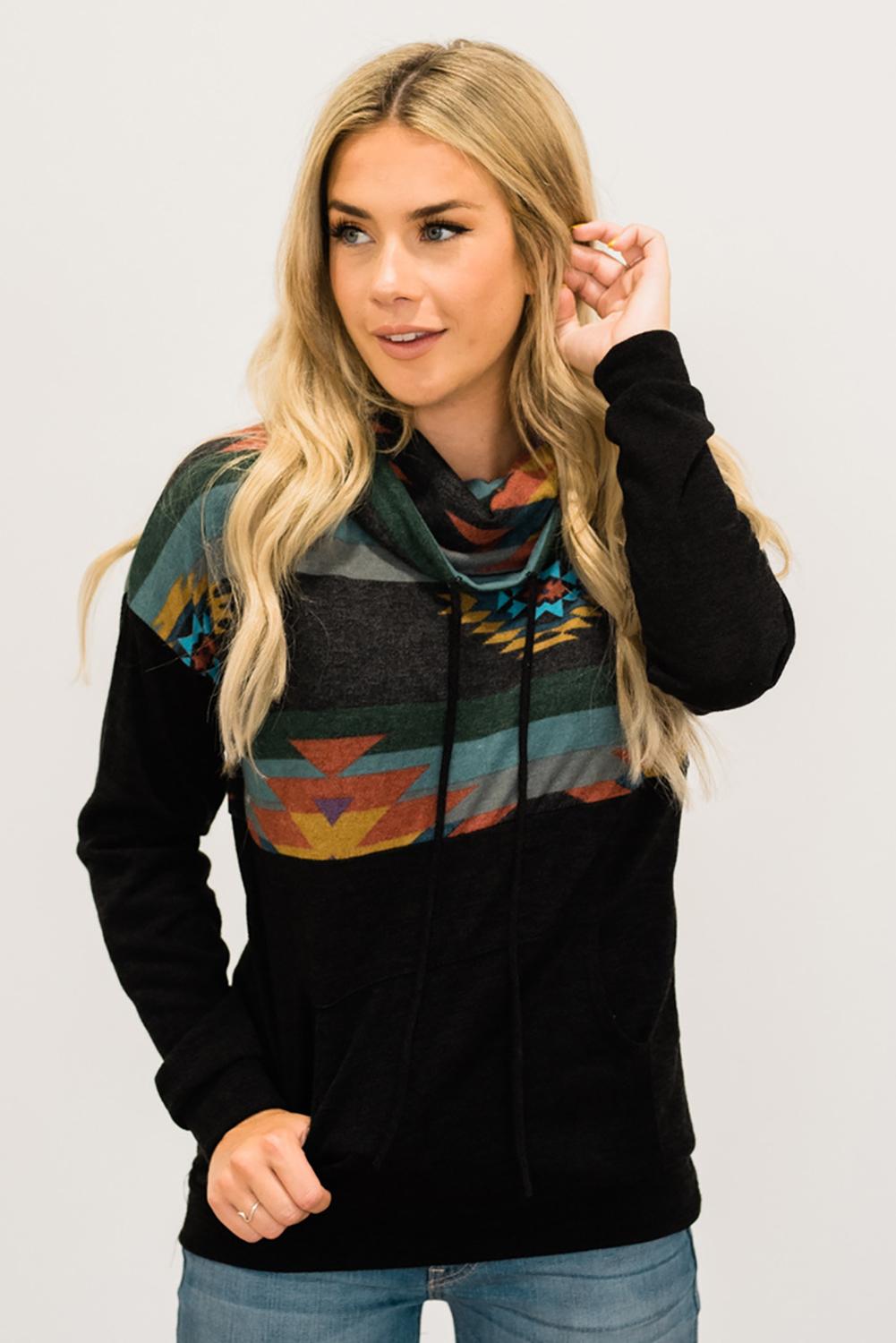 Black Aztec Cowl Pullover Hoodie