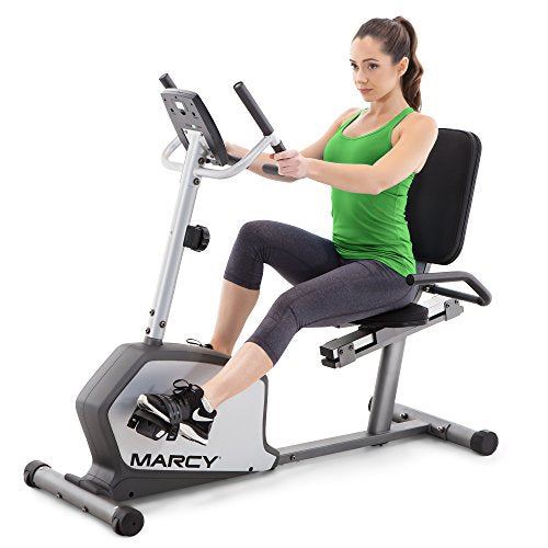 Marcy Recumbent Exercise Bike with Adjustable Seat and 8 Resistance Levels- Grey