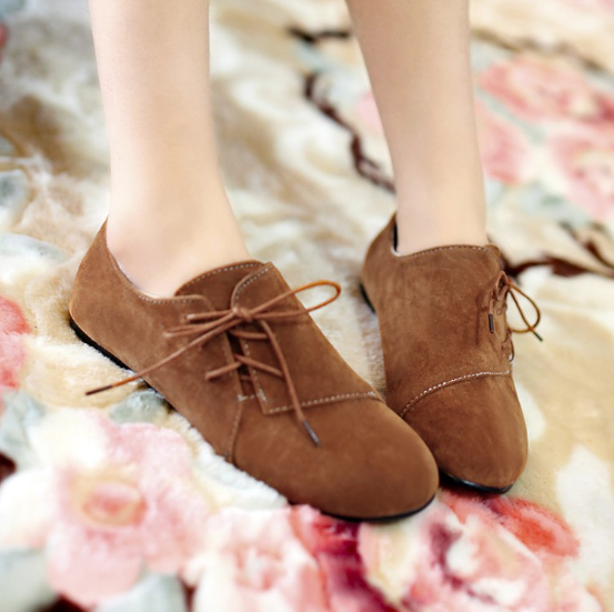 Brown Flat Heel Lace-up Artificial Nubuck Flats