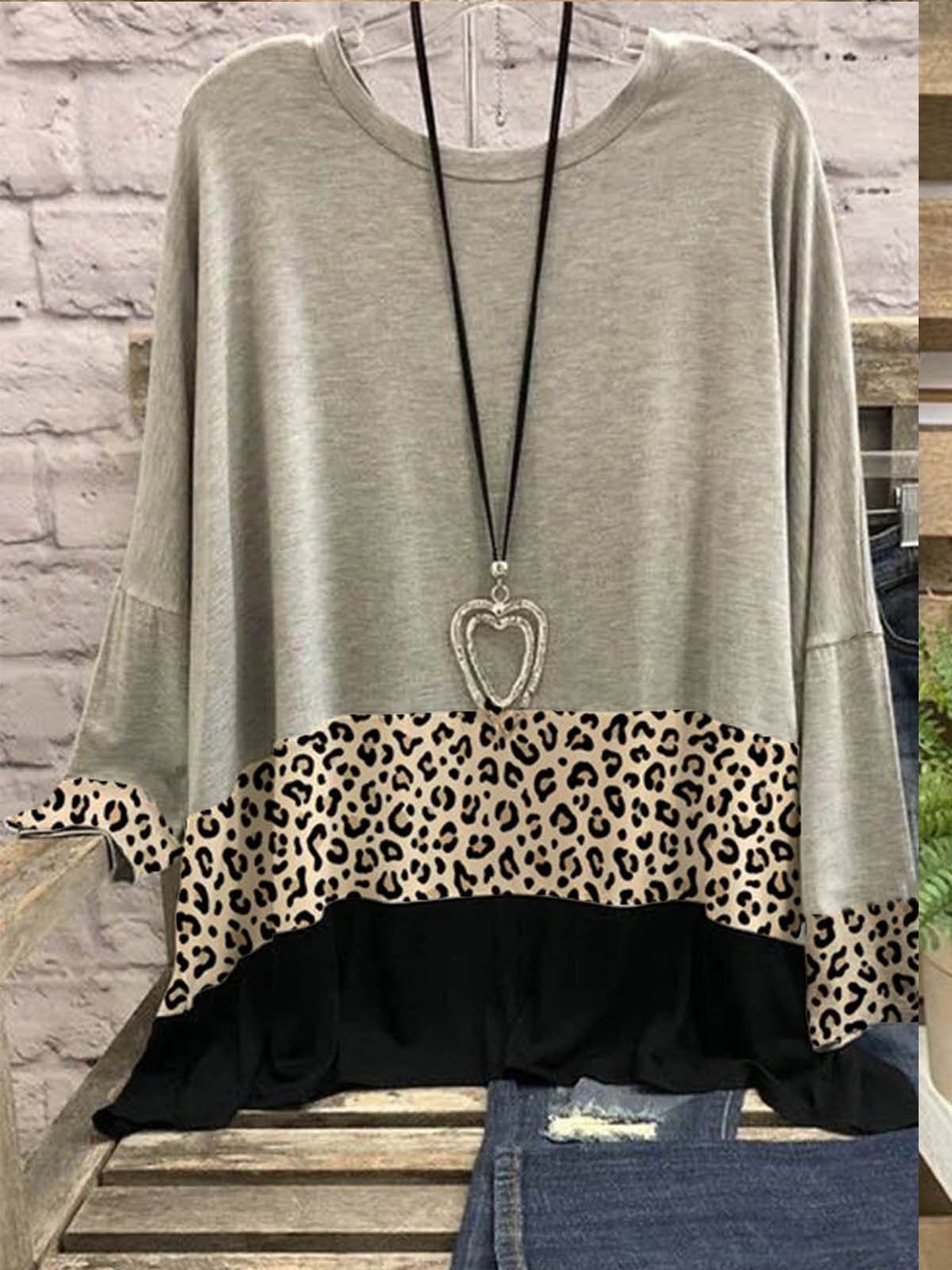 Long Sleeve Casual Cotton-Blend Round Neck Shirts & Tops