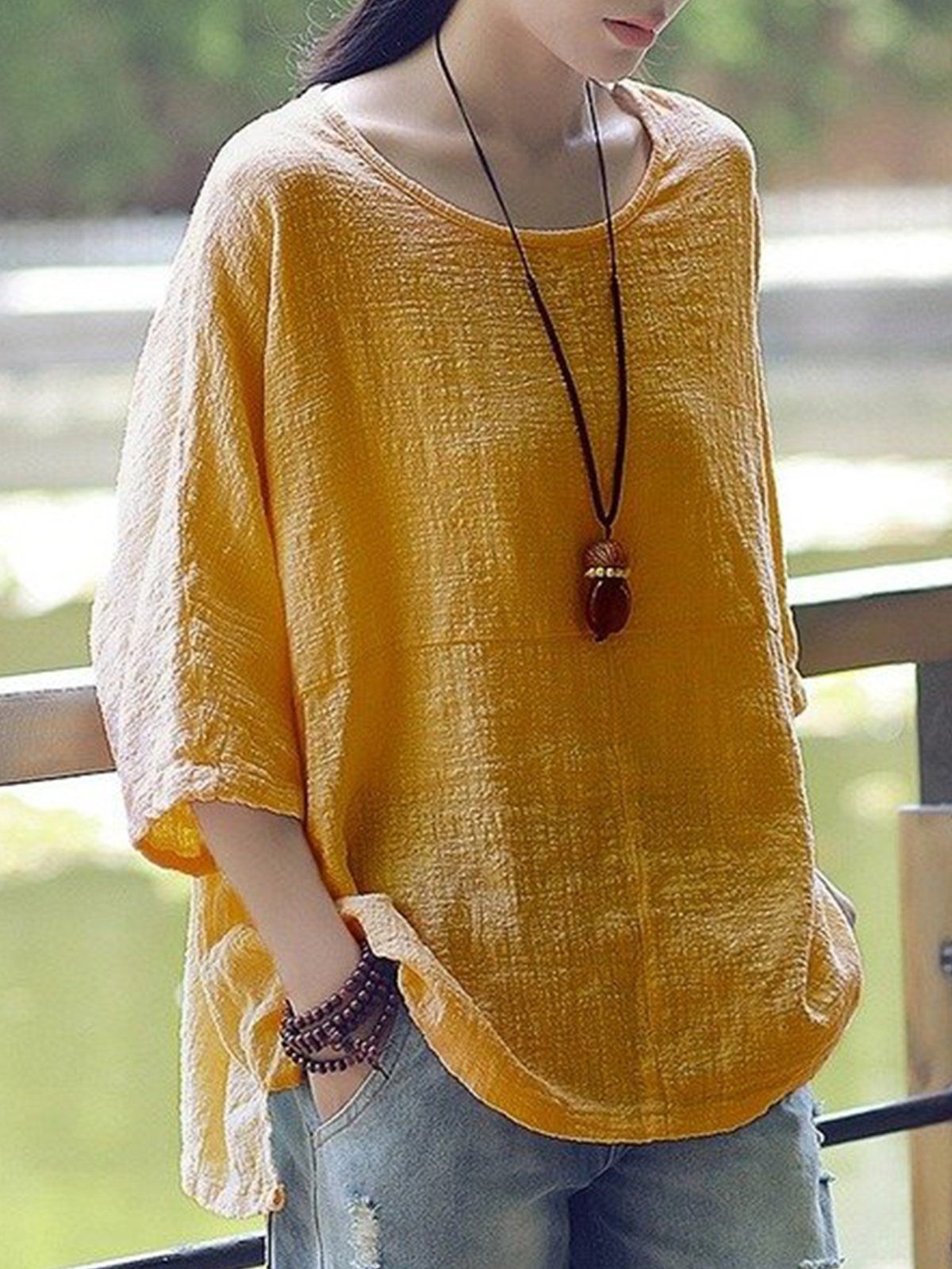 New Women Casual Loose Solid O-neck Shirt Half Sleeve Cotton Linen Top