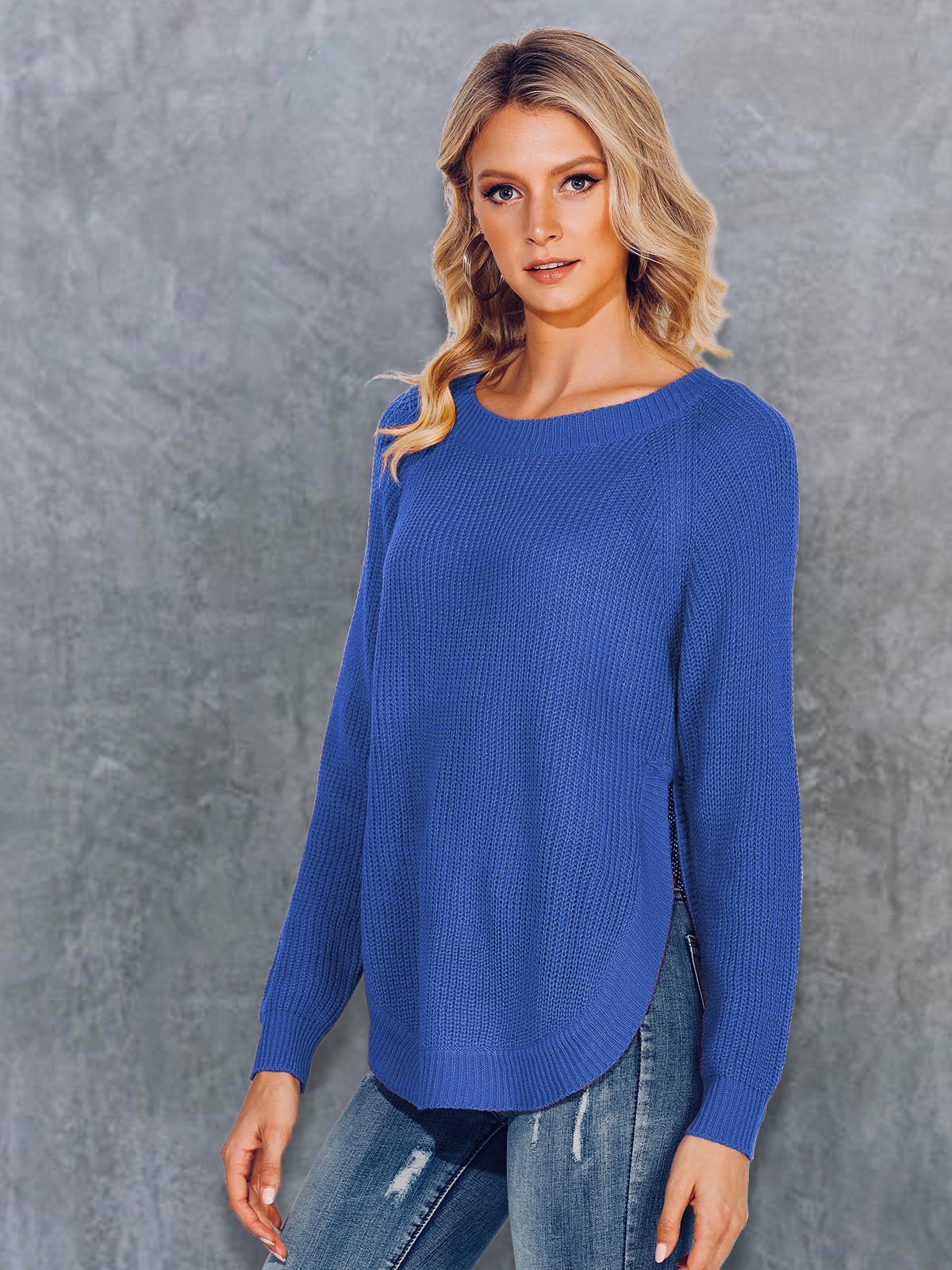 Long Sleeve Crew Neck Solid Sweaters