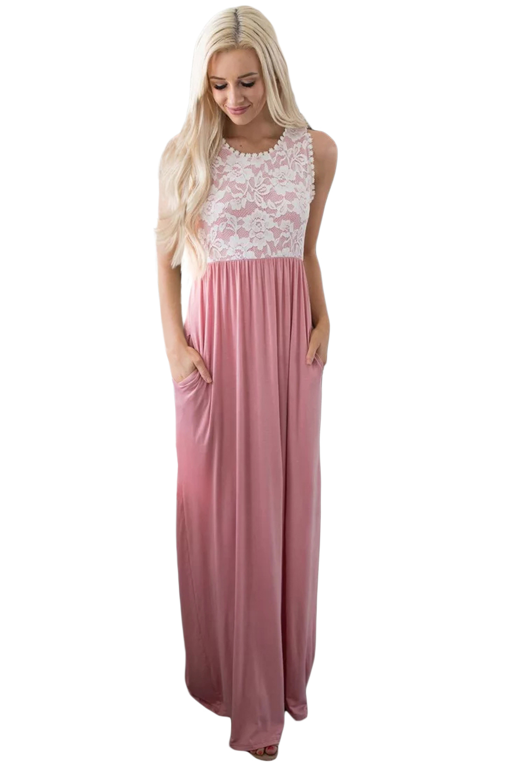 Floral Lace Top Pink Sleeveless Maxi Dress