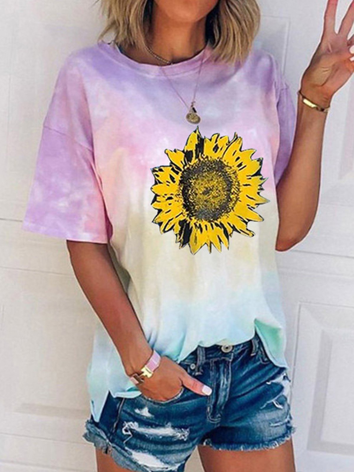 Short Sleeve Casual Round Neck Cotton-Blend Shirts & Tops