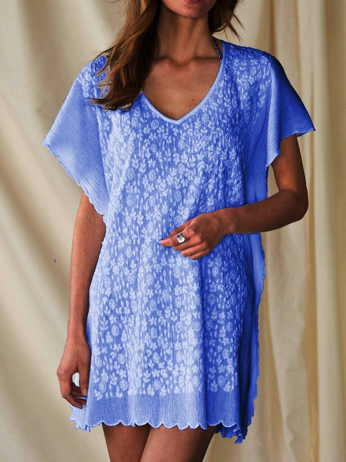 White Silk-Chiffon V Neck Casual Dresses