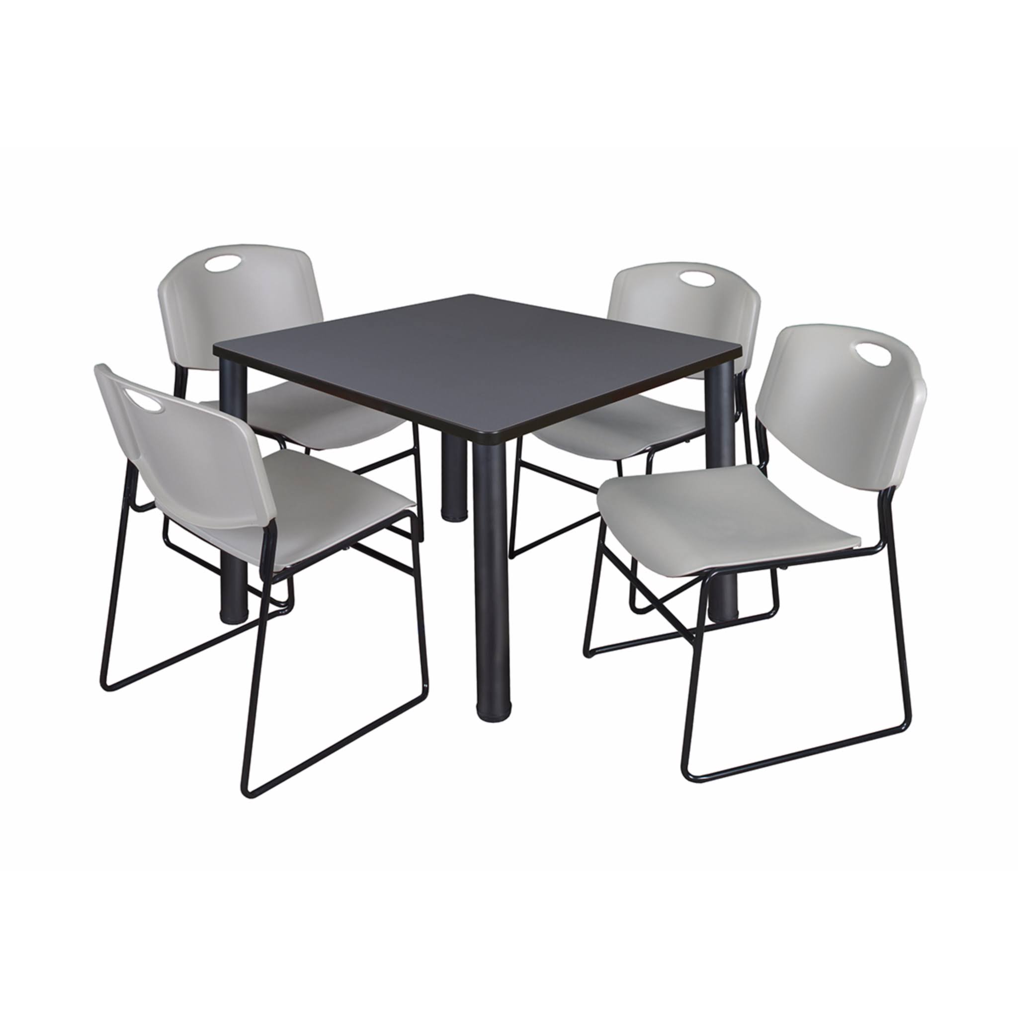 Regency Kee 42x22 Square Breakroom Table- Grey/ Black 4 Zeng Stack Chairs- Blue