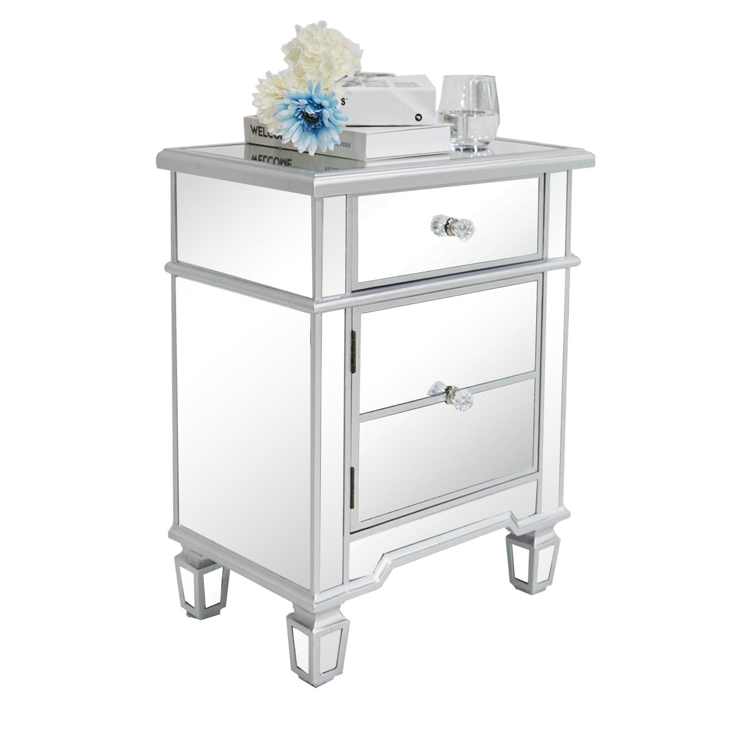 Mirror Surface Nightstand Bedside Table 1 Drawer 1 Door Side End Table Cabinet