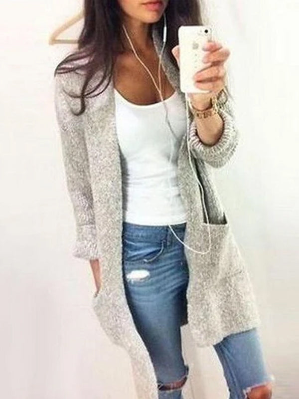 Plain With Pockets Collarless Cardigan