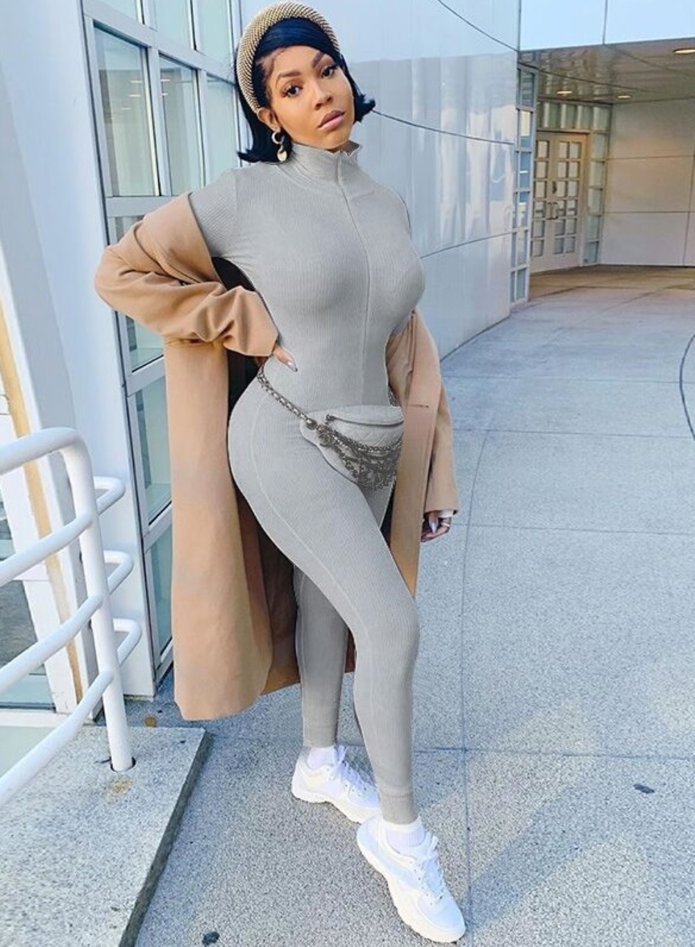 Sports Fitness Solid Zipper Jumpsuit