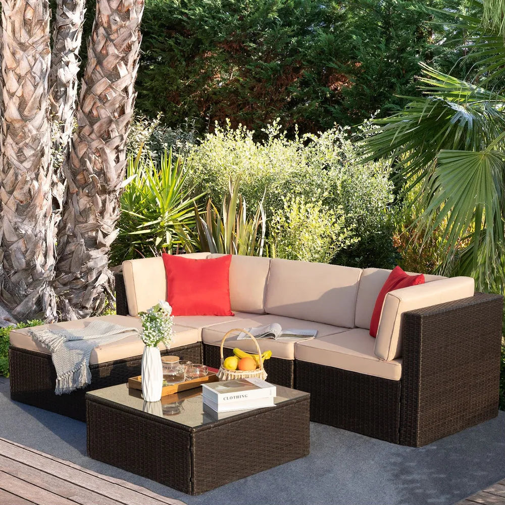 5 Pieces Patio Sets Outdoor Sectional Sofa Manual Weaving Rattan
