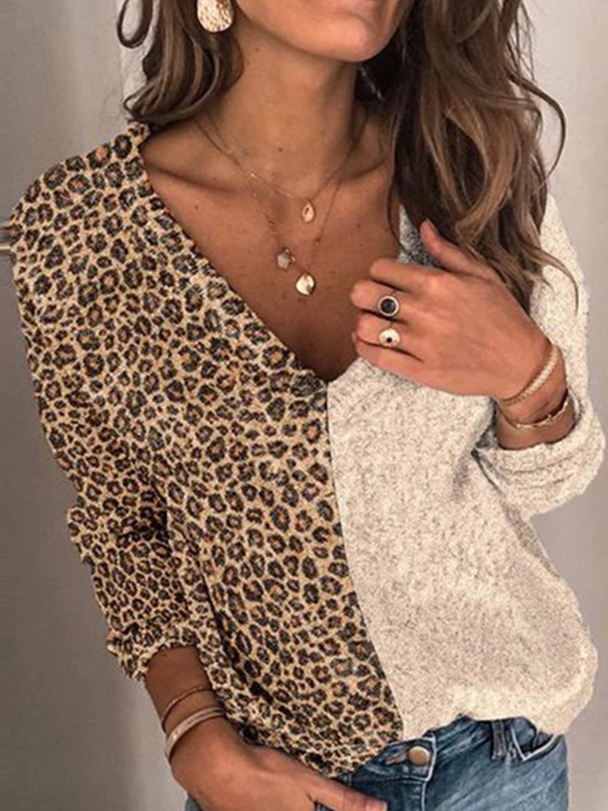 Khaki Vintage V Neck Color-Block Cotton-Blend Sweater