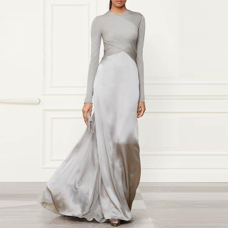 Pure Color Stitching Long Sleeve Evening Dress