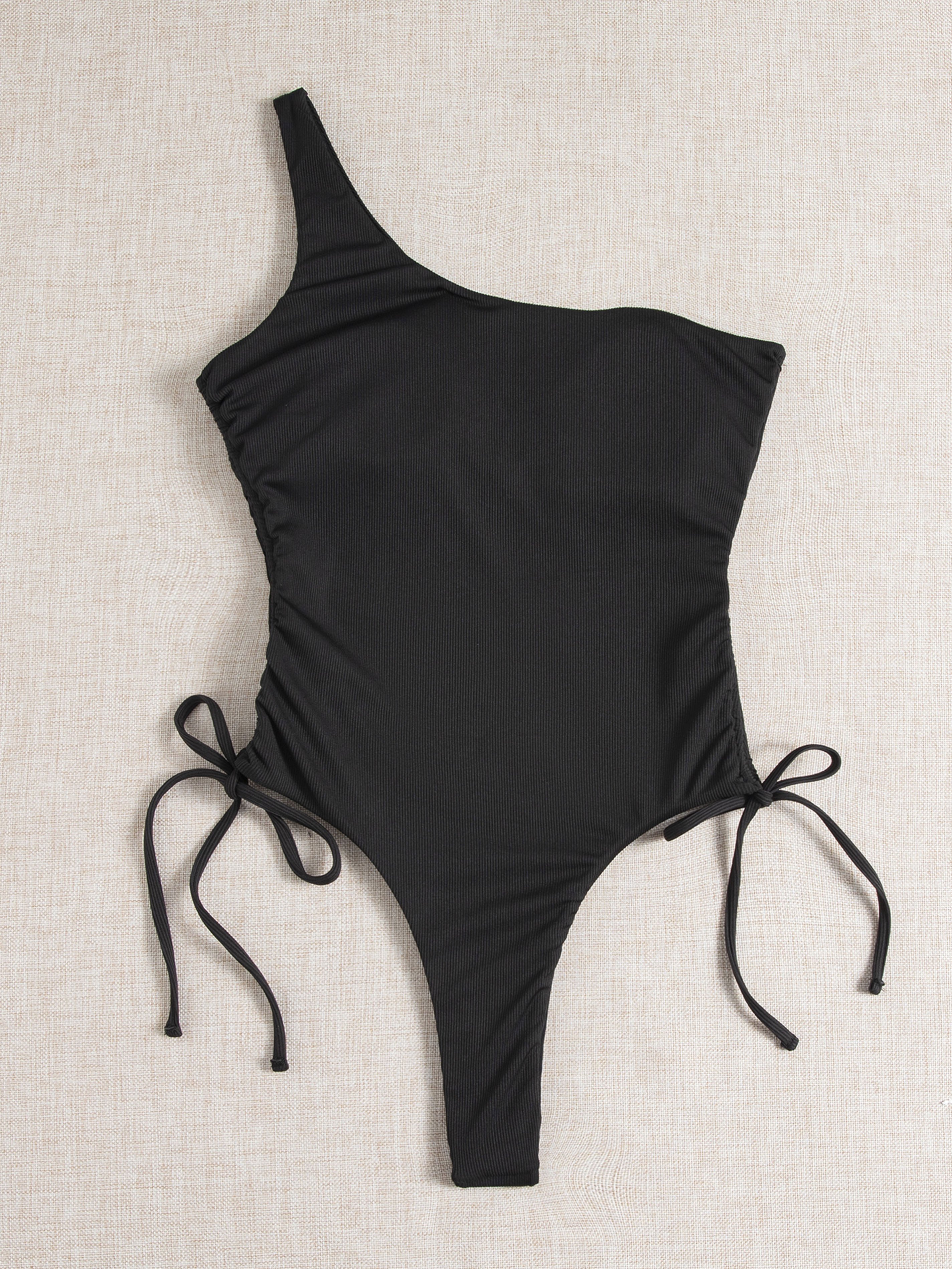 Ribbed Solid Cinched One Shoulder Swimsuit