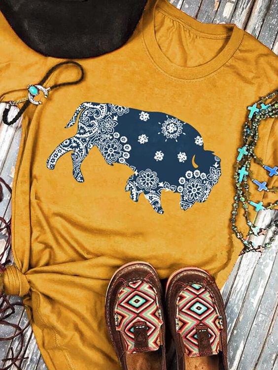 Yellow Short Sleeve Cotton Printed Animal Shirts & Tops