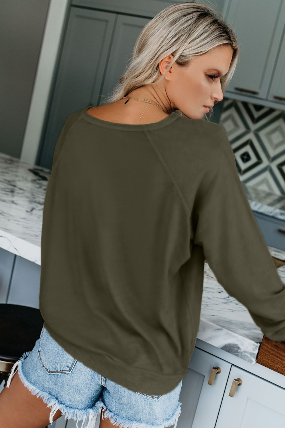 Green French Terry Cotton Blend Pullover Sweatshirt