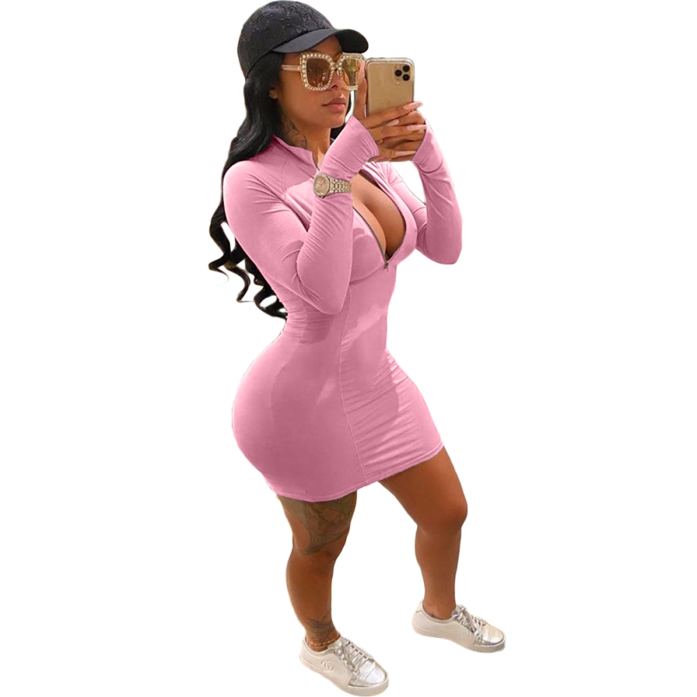 Sexy Plain Long Sleeve Zipper Bodycon Dress
