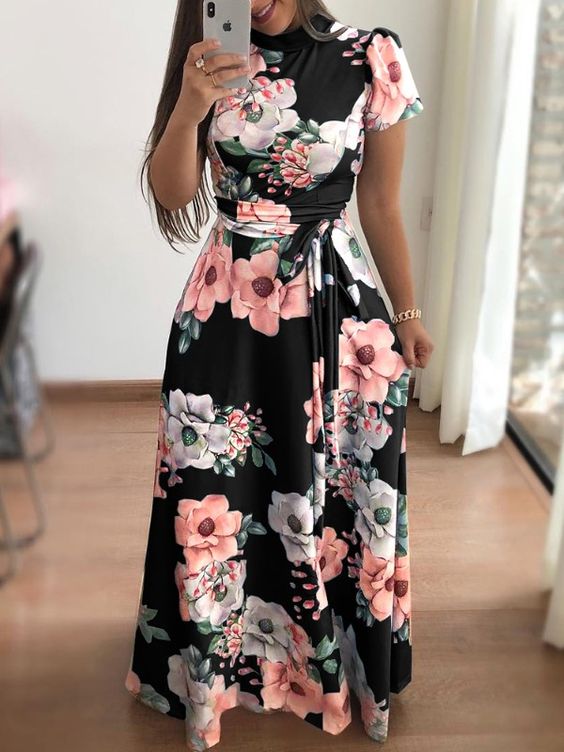 Short Sleeve Floral Long Dress with Belt
