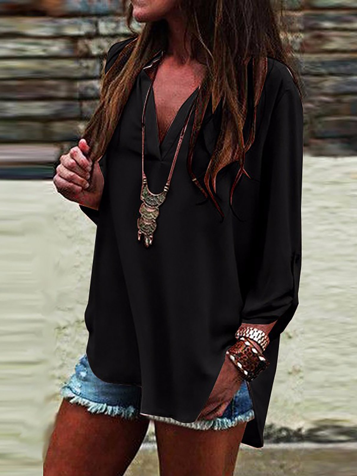 Women V neck Slit Long Sleeve Blouse