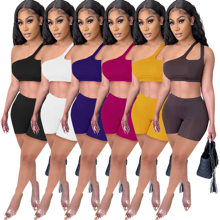 Womens shoulders and belly sexy sports solid color 2-piece set SZ8011