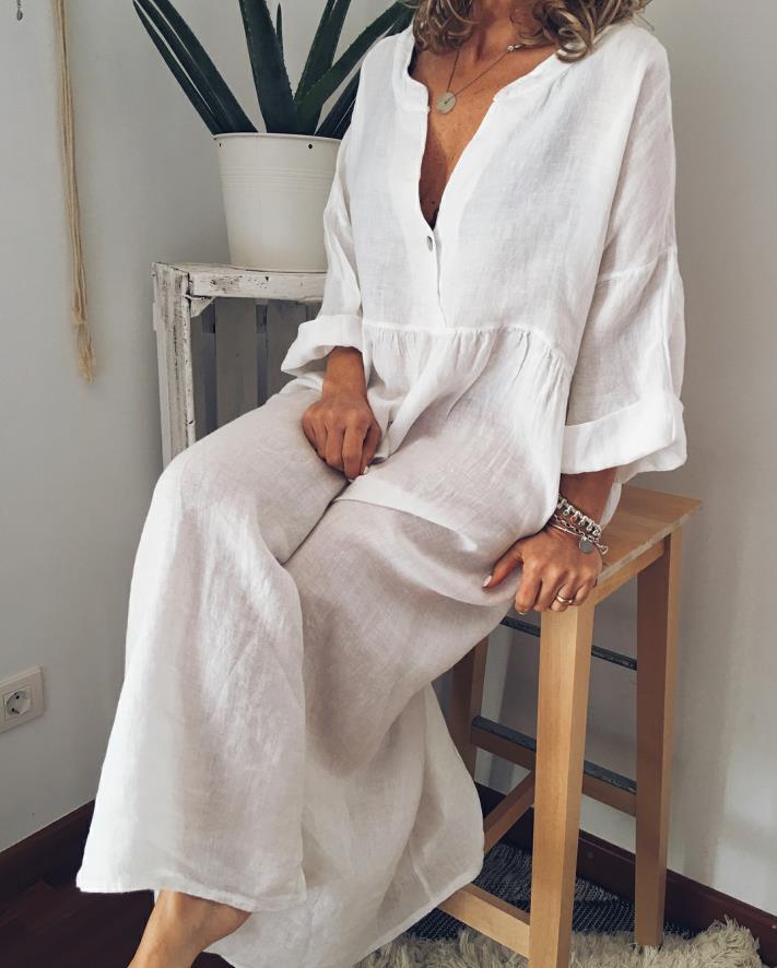Solid Long Sleeve Linen Maxi Dresses