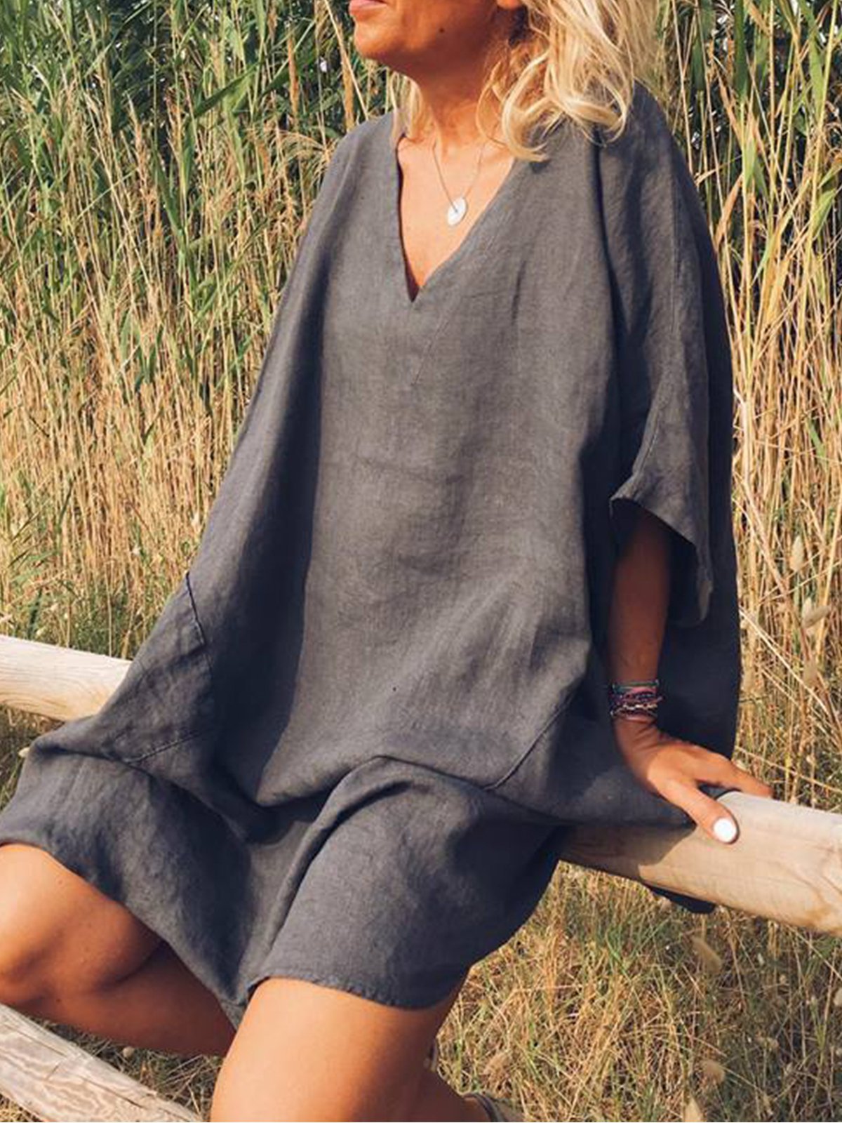 Plus Size V Neck Women Daily Casual Pockets Solid Dresses