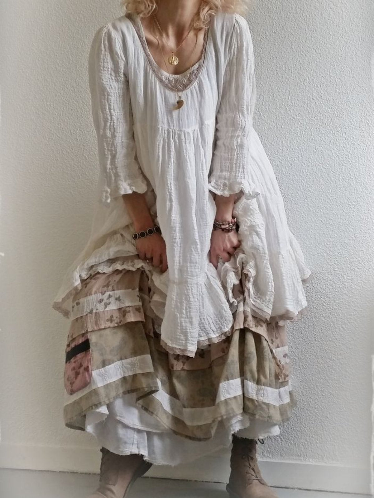 3/4 Sleeve Patchwork Casual Round Neck Dresses