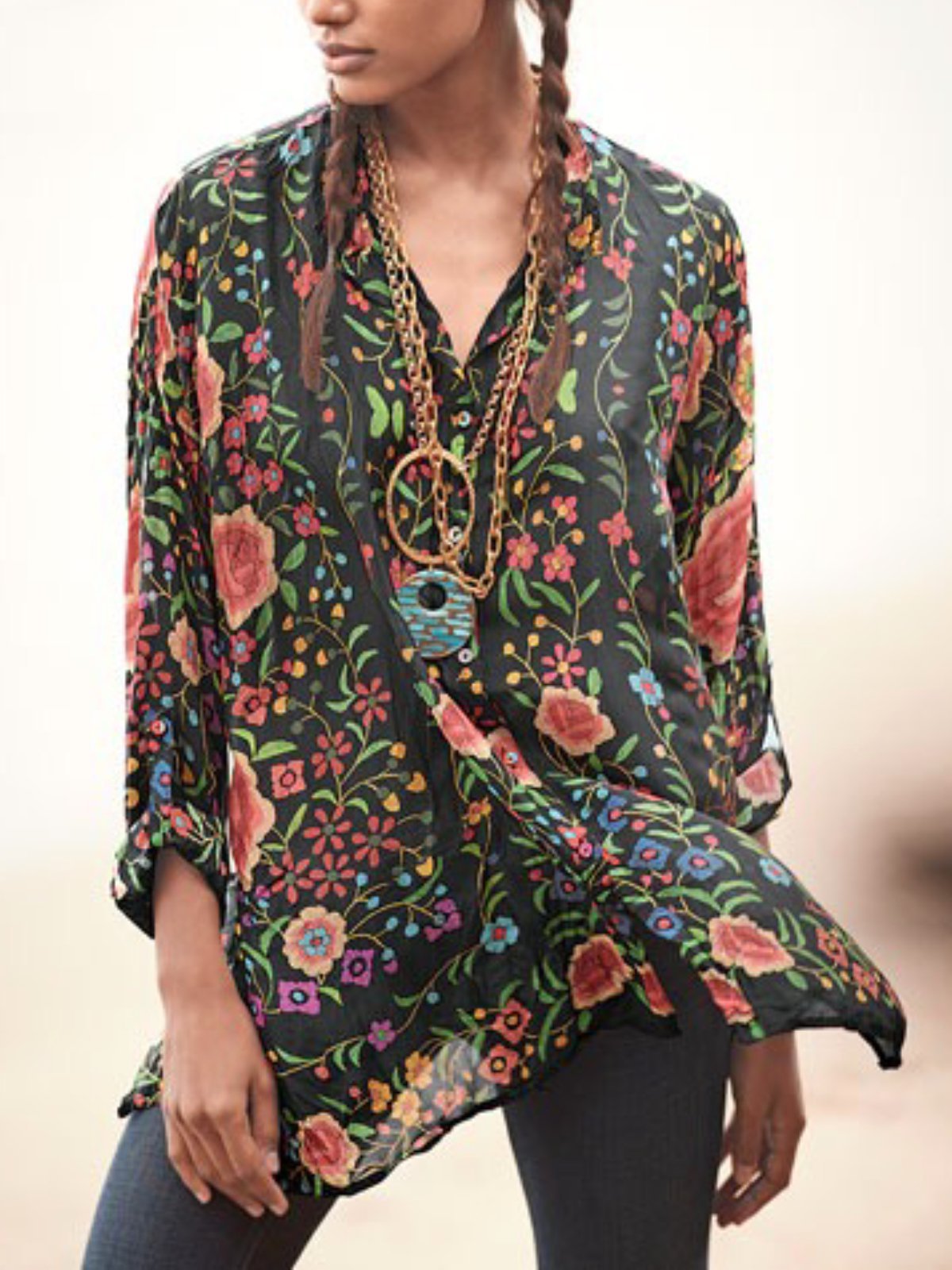 Casual Long Sleeve V Neck Plus Size Tops